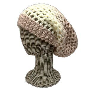 Handmade Slouchy Crochet Beanie Ombre Cream Rose Boho Unisex Cozy Winter Hat